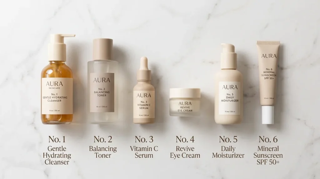 Step-by-step fall skincare routine products arranged in order of use