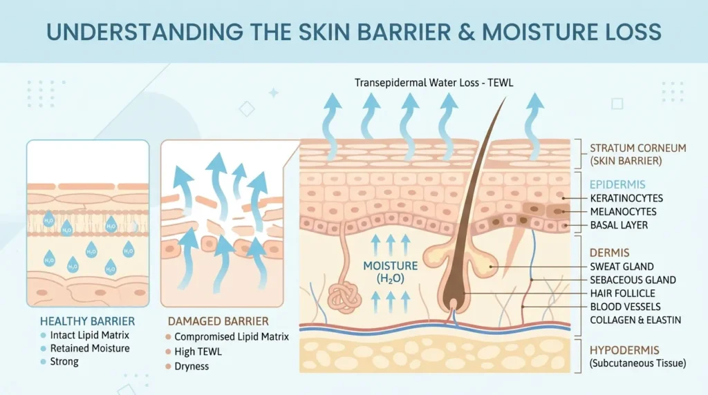 Diagram showing skin barrier damage from cold weather and dry winter skin
