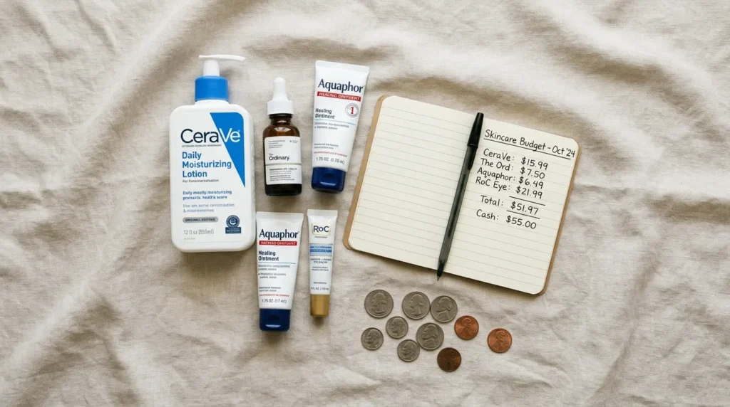 Budget friendly skincare products for students including drugstore cleanser and moisturizer