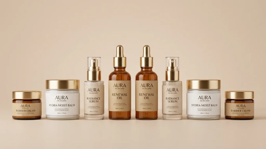 Comparison of fall skincare products including cleansers, moisturizers, and serums