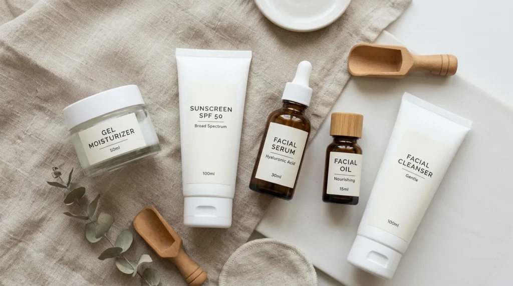 summer skincare products including gel moisturizer and sunscreen for glowing skin