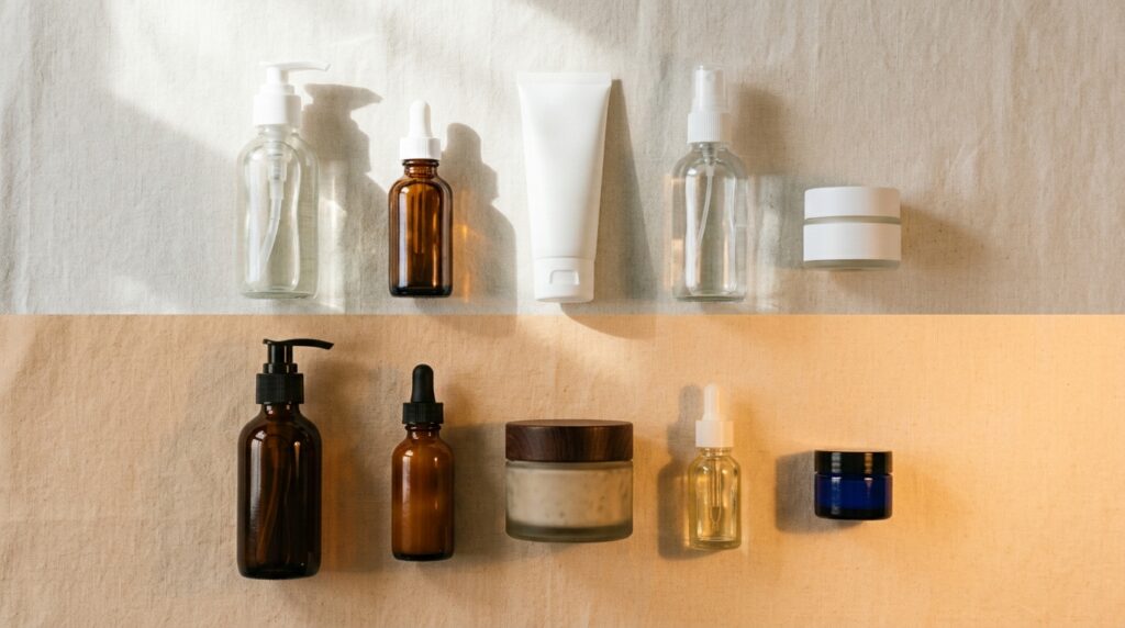 Flat lay of skincare products for morning and night skincare routine