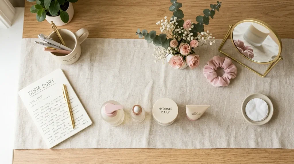 College girl glow guide morning skincare routine with cleanser, serum, and SPF on a dorm desk
