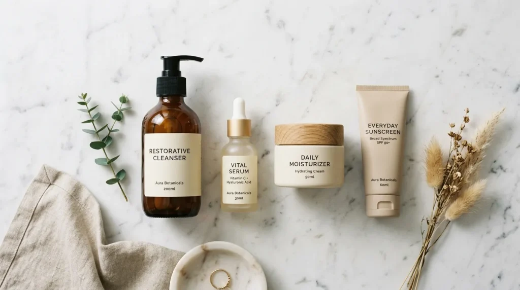 Flat lay of winter skincare guide products for a step-by-step face routine