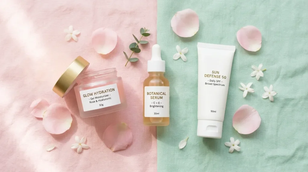 Spring skincare reset flat lay with lightweight moisturizer, serum, and sunscreen