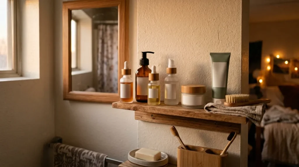 Dorm room skincare night routine with micellar water and moisturizer on a shared bathroom shelf