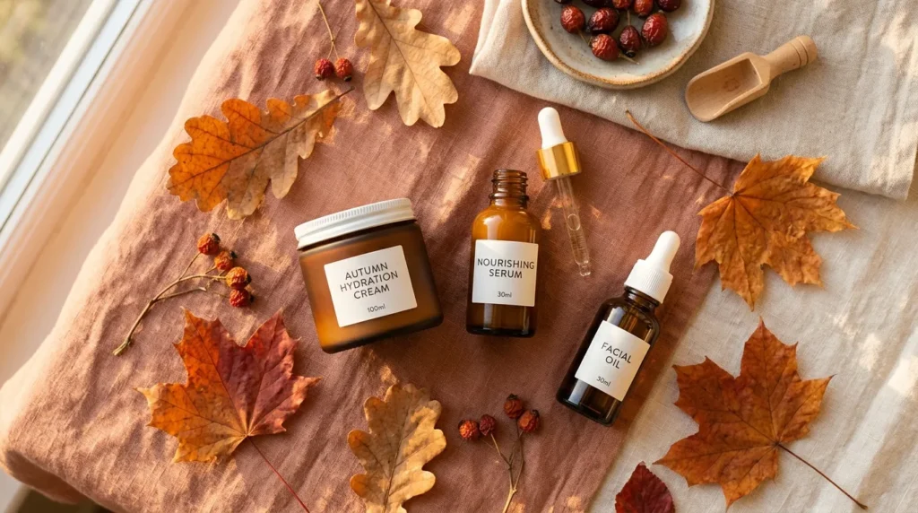 Woman applying fall skincare routine moisturizer for hydrated autumn skin