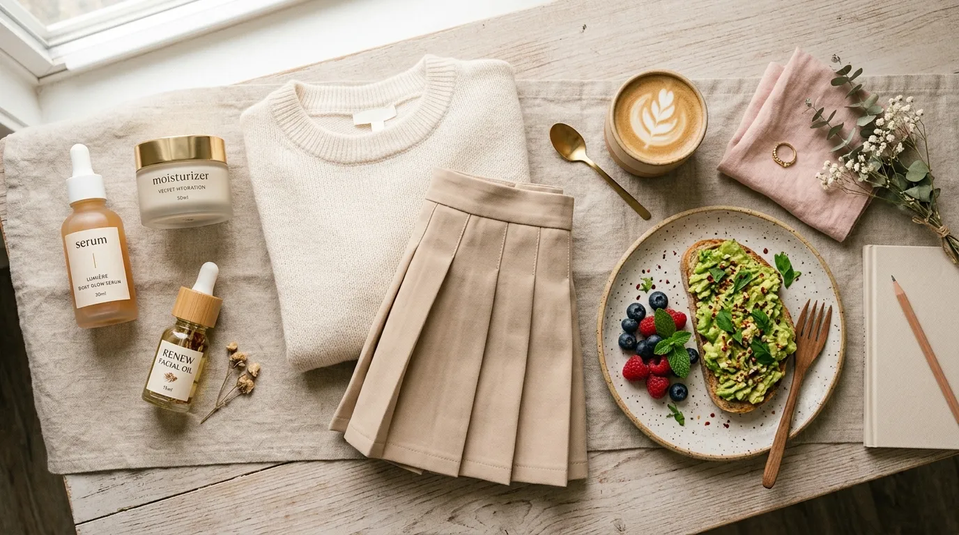 Morning glow routine 2026 flat lay with skincare, breakfast, and outfit