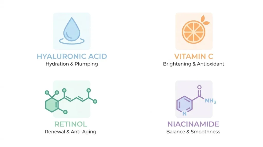 Visual comparison of retinol, vitamin C, and niacinamide skincare ingredients"