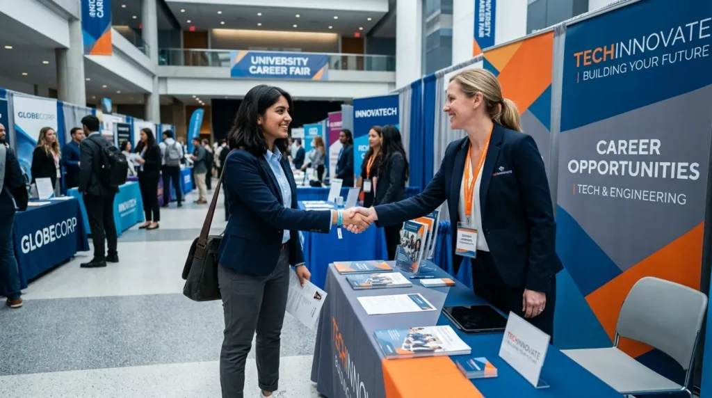 college student practicing networking etiquette at a career fair booth