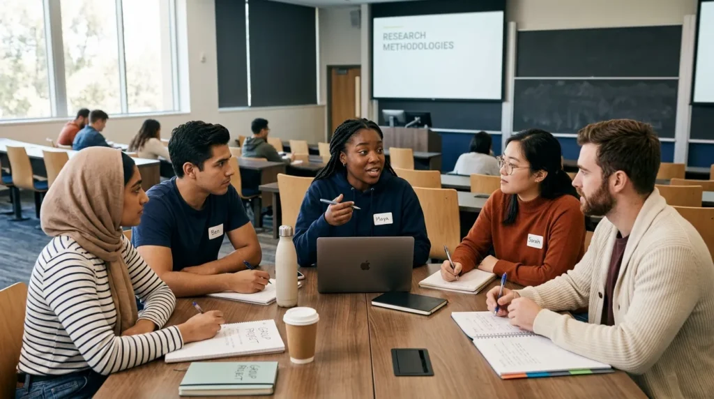 college students demonstrating classroom etiquette during a group discussion