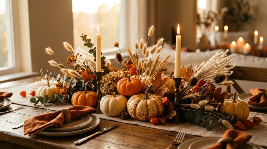 Seasonal Glow Hub fall decor centerpiece with pumpkins and candles