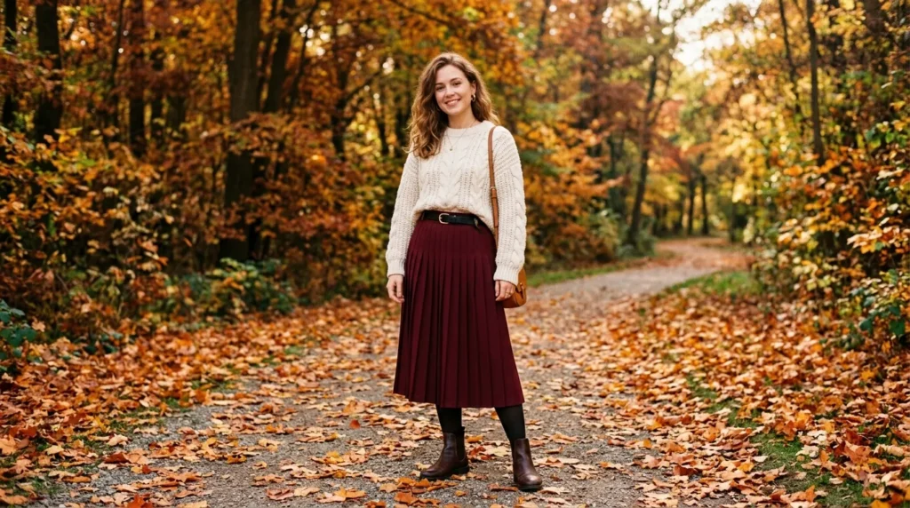 Cozy preppy outfit with cable knit sweater and pleated skirt