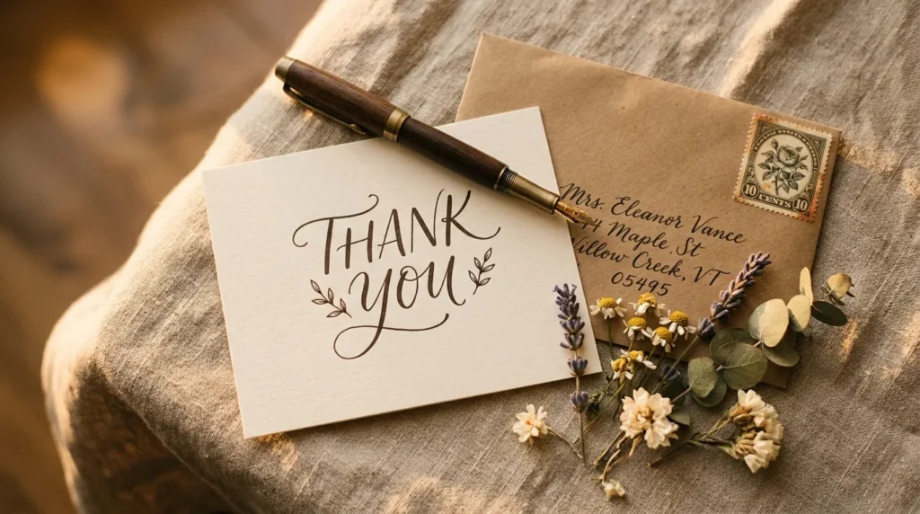 "Flat lay of stationery, pen, envelope, and postage stamp for writing a handwritten thank you note"
