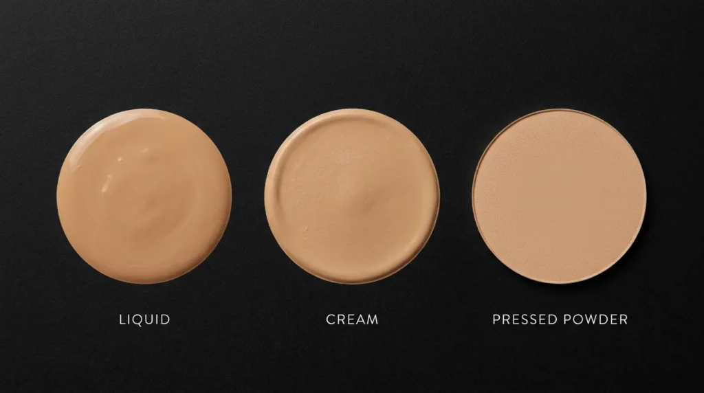 "Liquid, cream, and powder foundation formulas for different skin types