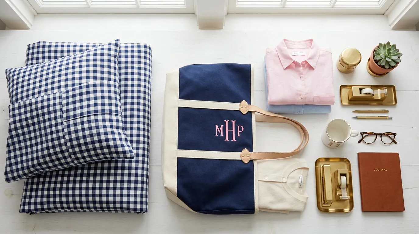 Preppy college packing list flat lay with gingham bedding and dorm essentials