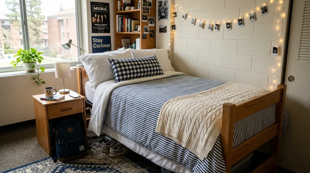 Layered preppy Twin XL bedding with striped duvet and decorative throw pillows