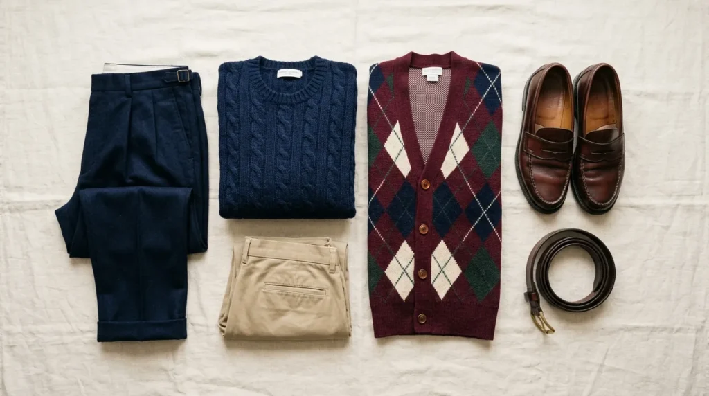 Ivy league wardrobe essentials including sweaters and loafers