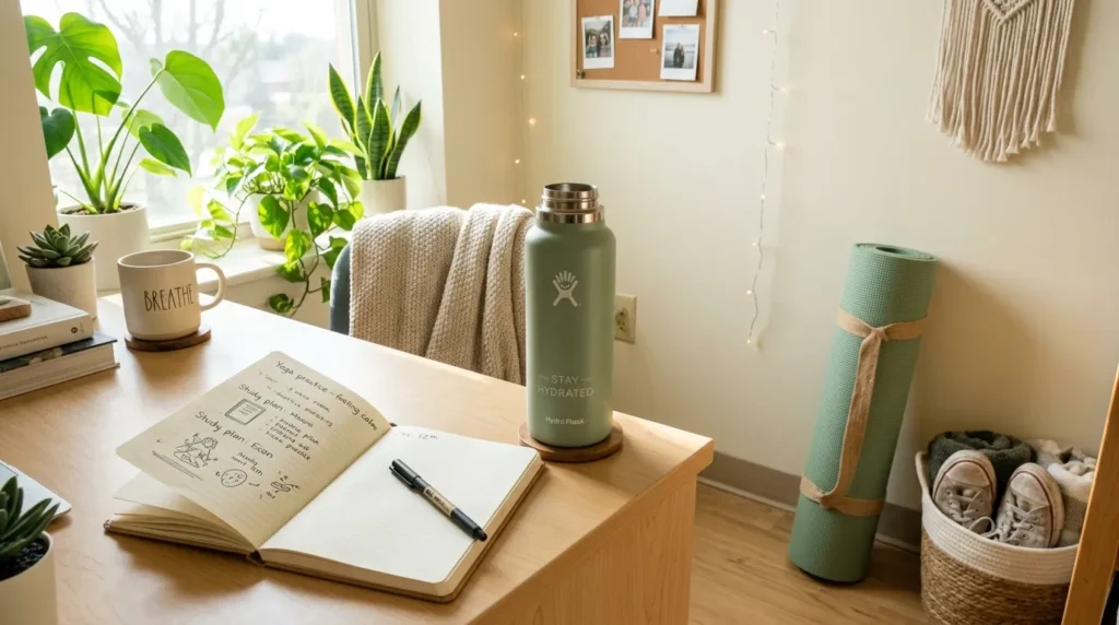 Wellness for college students including water bottle, journal, and yoga mat in a dorm room