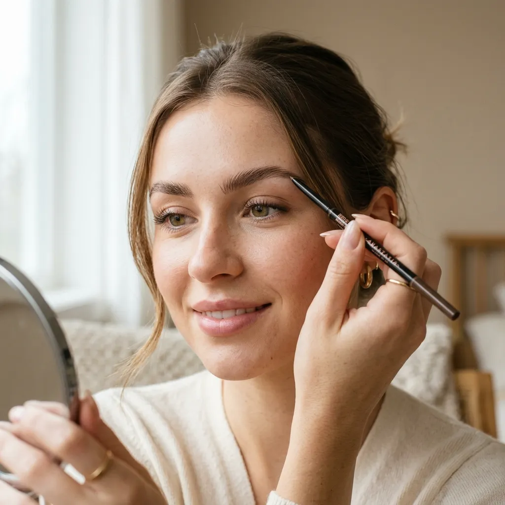 "Woman filling in her eyebrows with a pencil, learning how to do eyebrows at home"