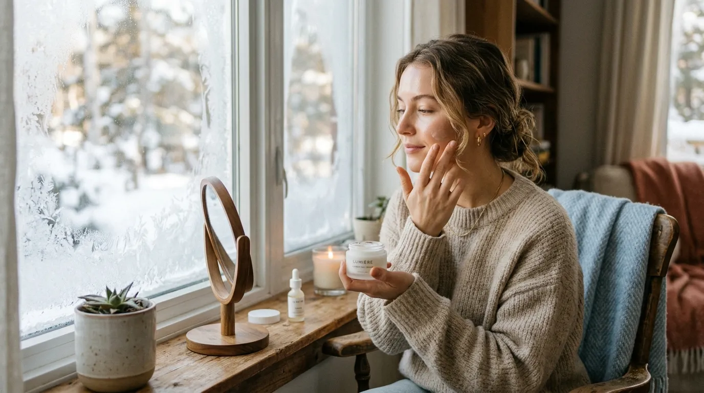 Woman applying winter skincare guide moisturizer in cold weather