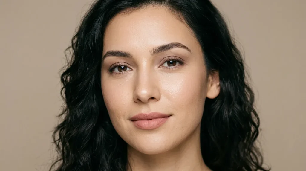 "Woman with smooth, long-lasting makeup finish without caking"