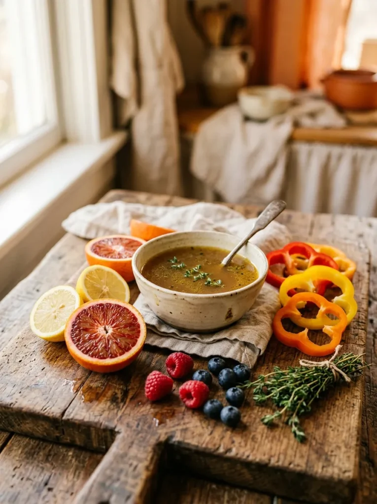 Collagen boosting foods including bone broth, citrus, and berries for glowing skin
