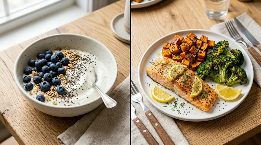 Greek yogurt breakfast bowl and baked salmon dinner from the glow-up meal plan
